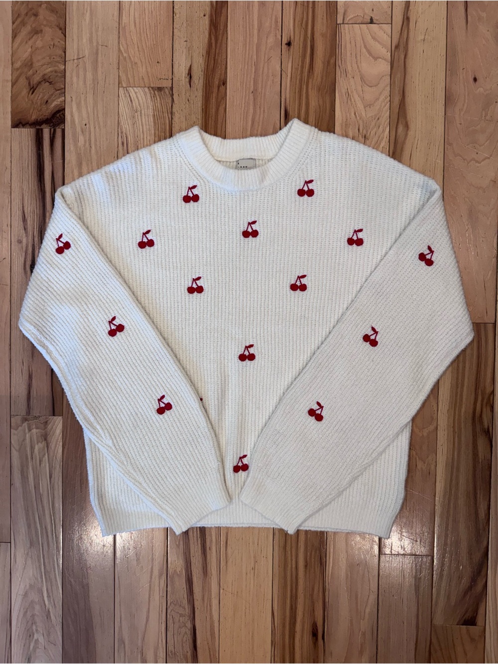 A New Day White Crewneck Sweater with Red Cherry Embroidery